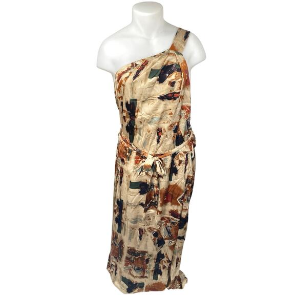 NEW Rebdolls Kiera Multicolor Satin Abstract One Shoulder Maxi Shift Dress 14/16 - Picture 1 of 5
